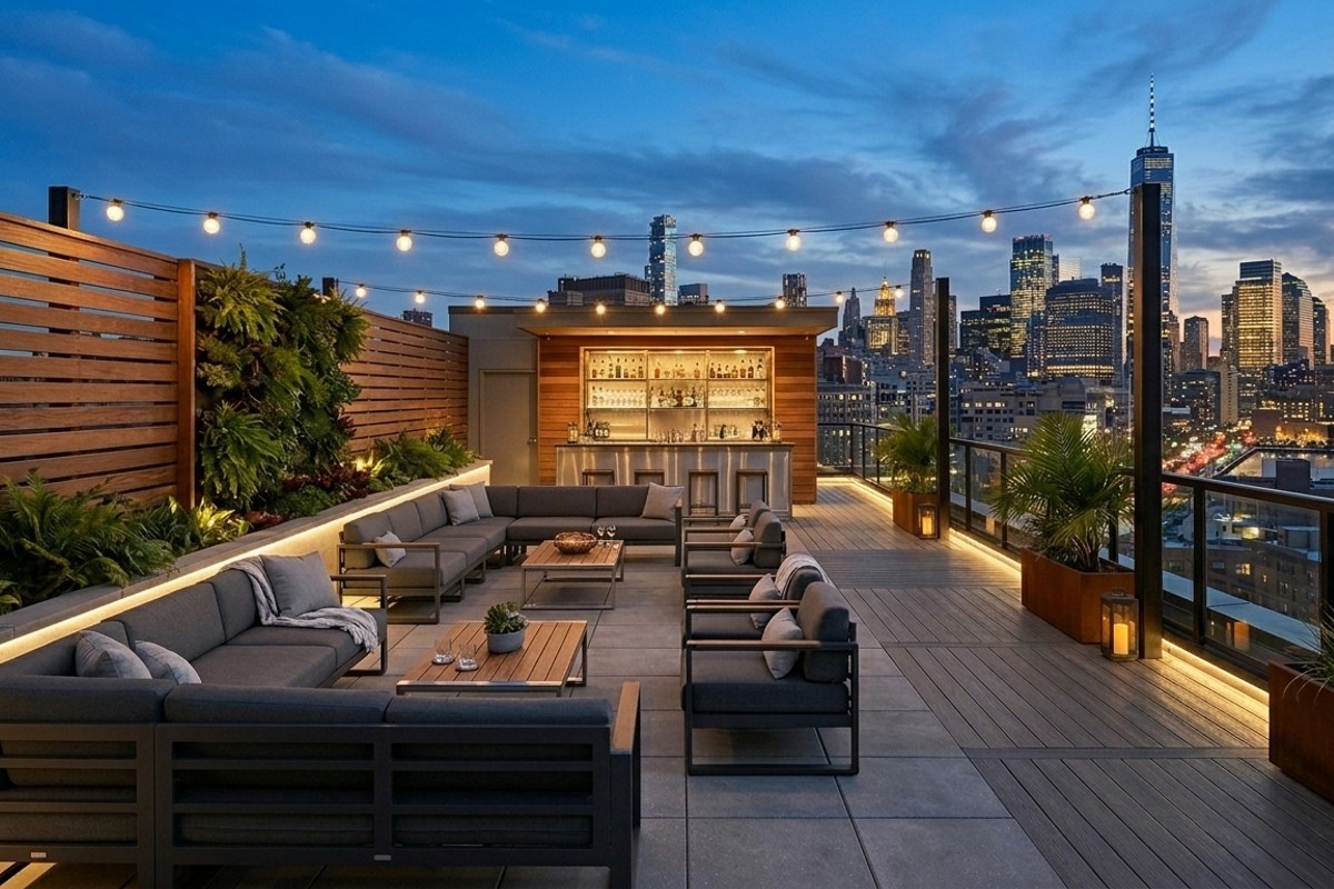 Sleek urban rooftop patio with composite decking, modular sofas, vertical gardens, and city views