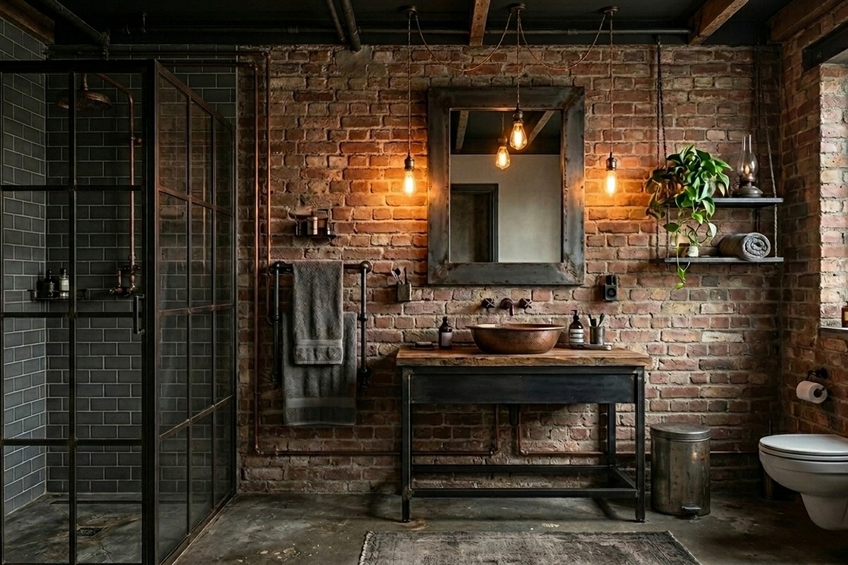 Industrial bathroom with exposed brick, subway tile, and Edison bulb lighting