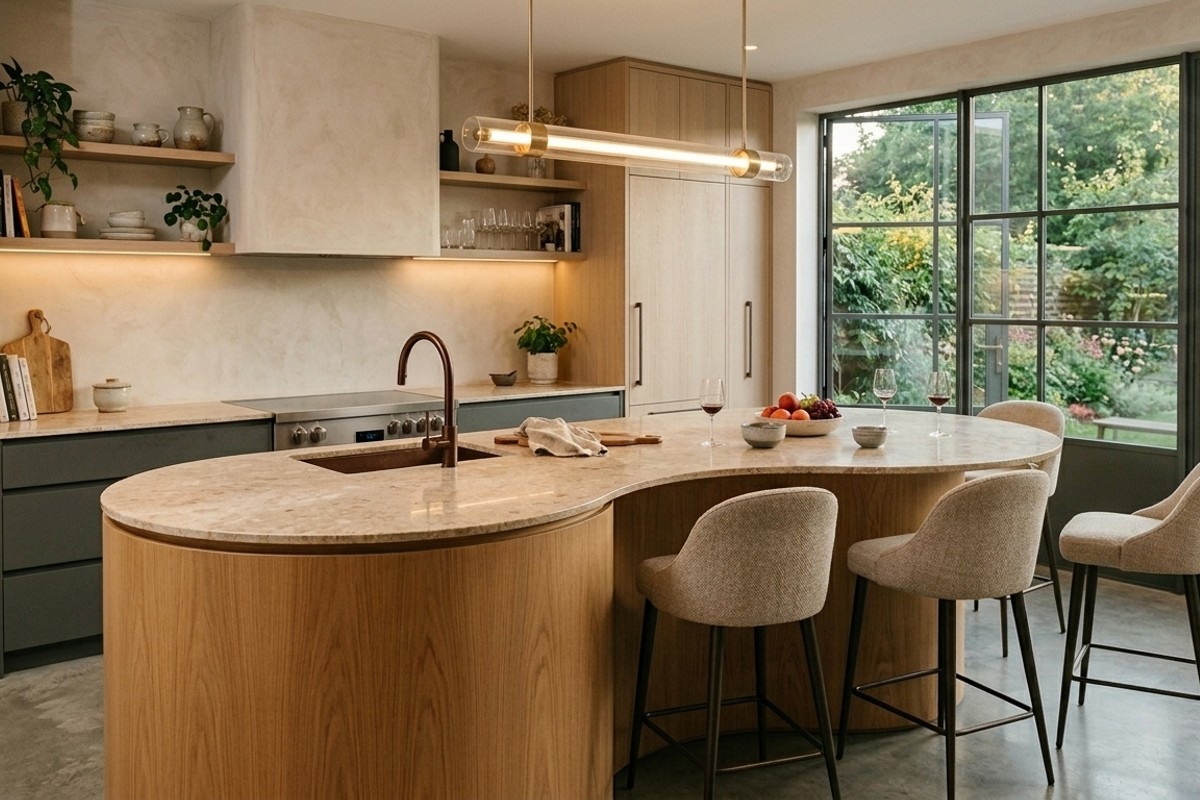 Sculptural kitchen island with soft, sweeping curves and an organic kidney-bean shape in a modern kitchen.