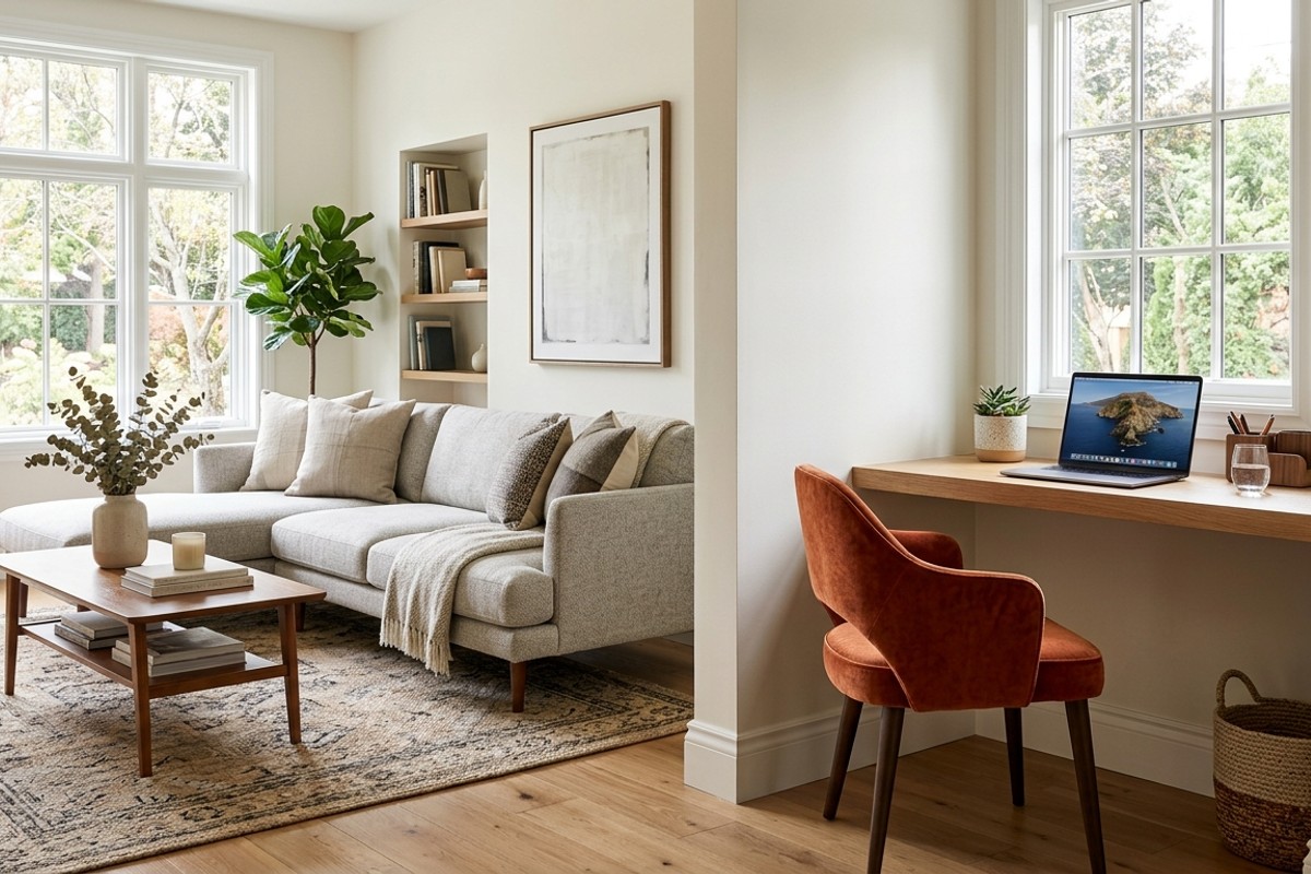 Living room with a discreet work-from-home setup, featuring a slim console table behind a sofa and a stylish ergonomic chair