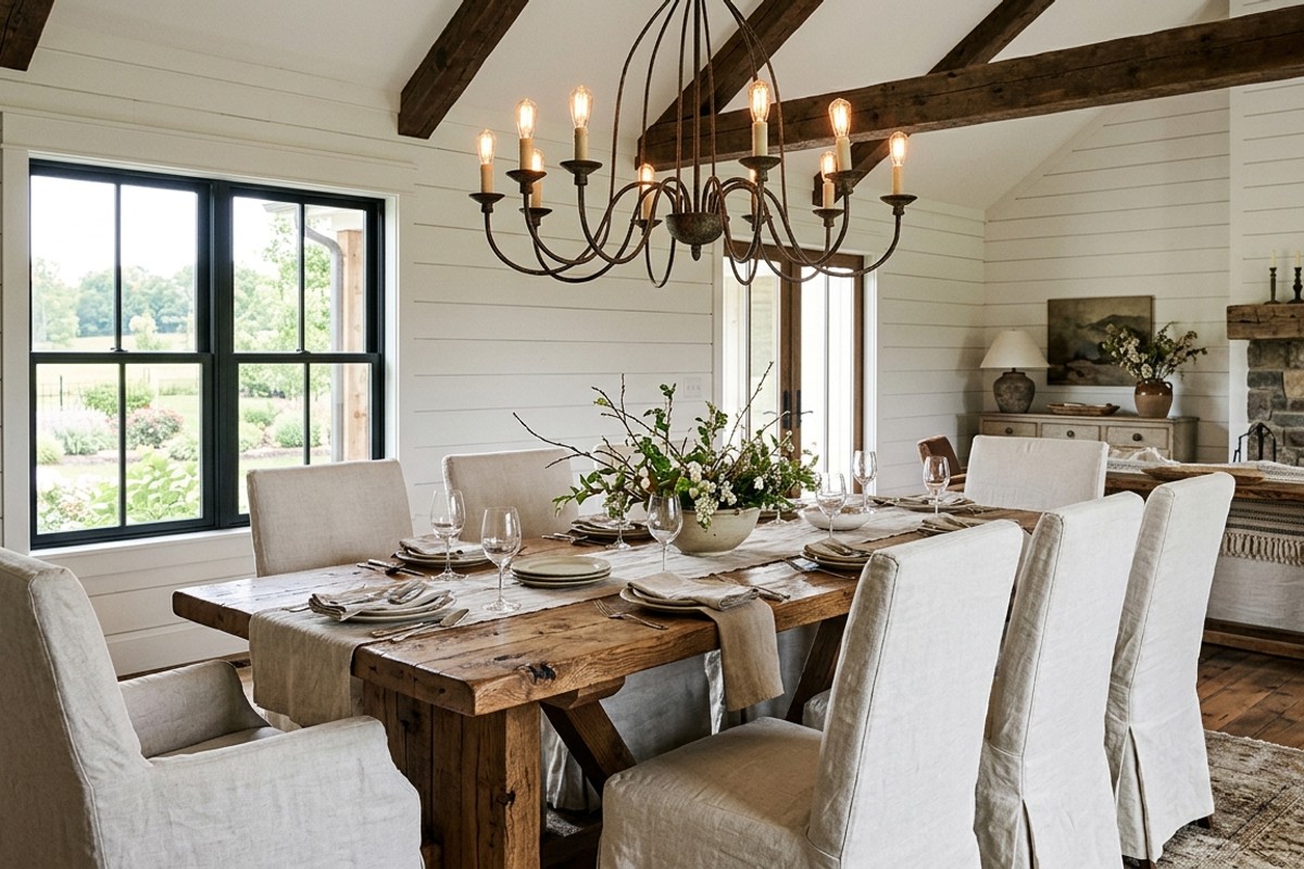Rustic refined farmhouse dining room with reclaimed wood table, linen chairs, shiplap walls, and wood beams.