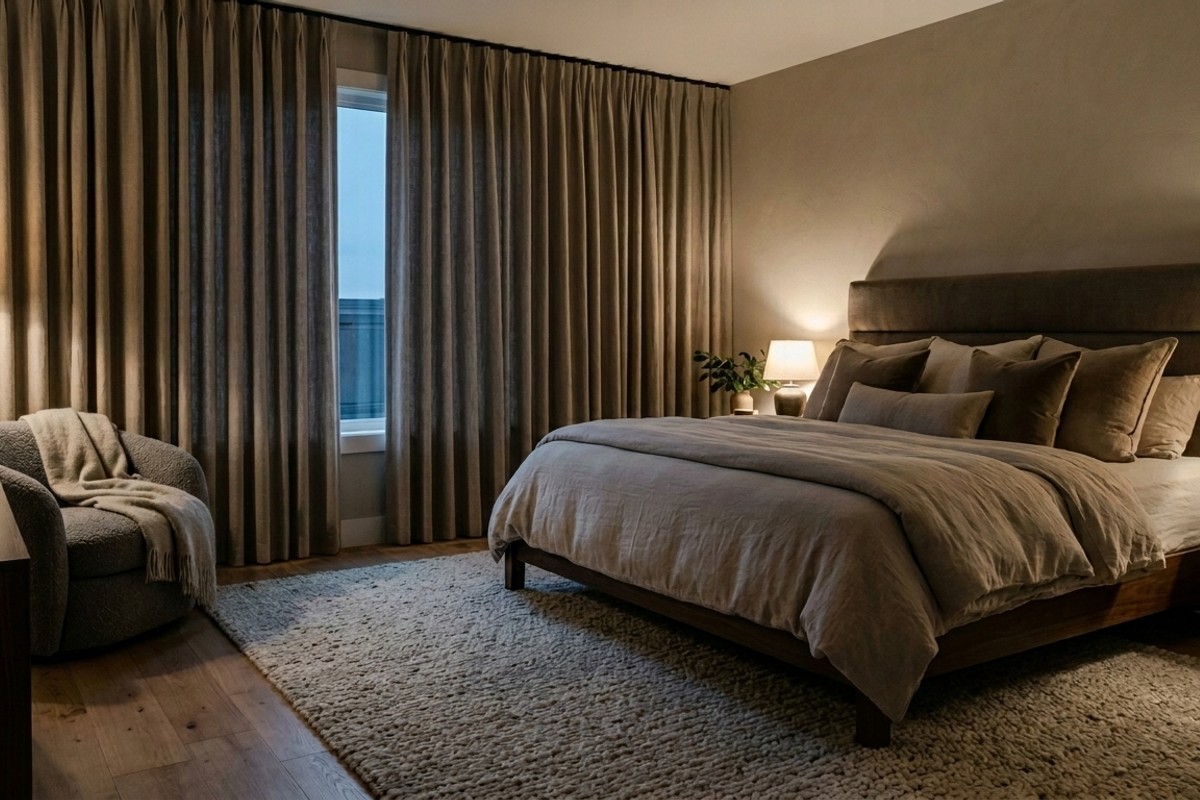Sound-absorbing bedroom with heavy curtains, thick-pile rug, and upholstered headboard and chair.
