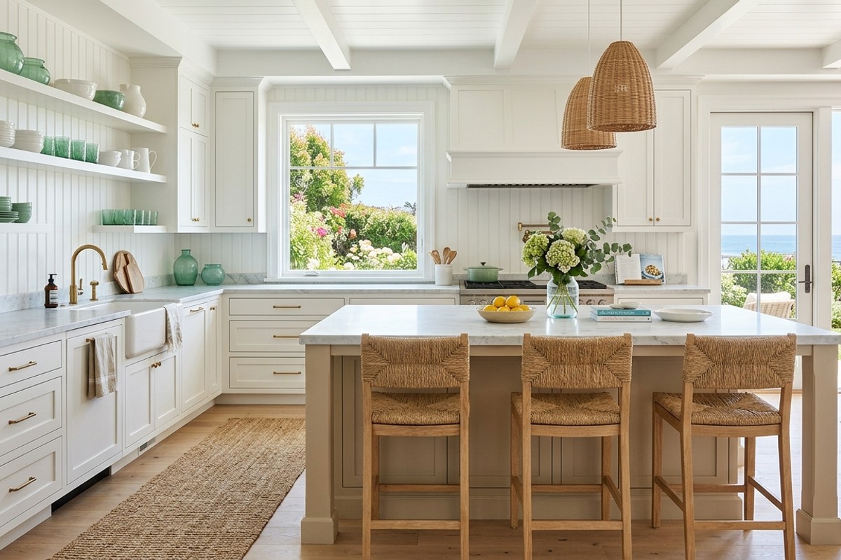 Coastal kitchen with white cabinets, sea glass accents, natural fiber stools, and beadboard