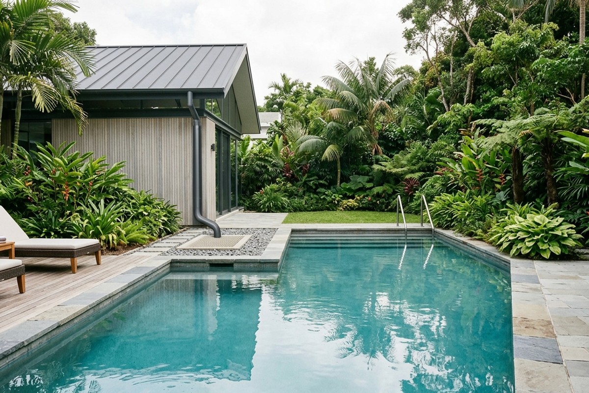 Swimming pool and backyard showing a rainwater harvesting downspout, symbolizing water collection for pool replenishment.