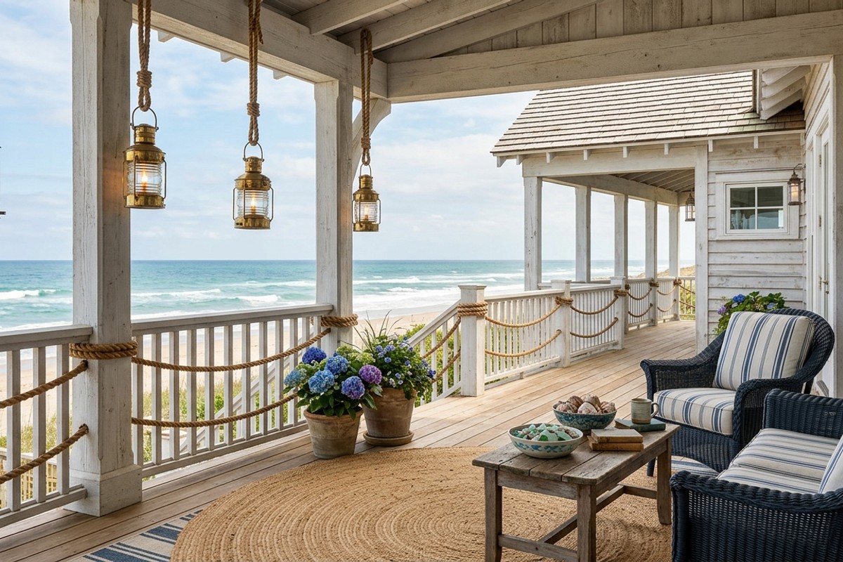 Coastal beach house porch with rope accents, nautical lanterns, jute rug, shells, and potted hydrangeas.