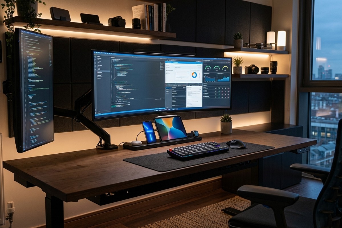 Tech-integrated home office with hidden cables, smart lighting, large curved monitor, and a dedicated charging station.