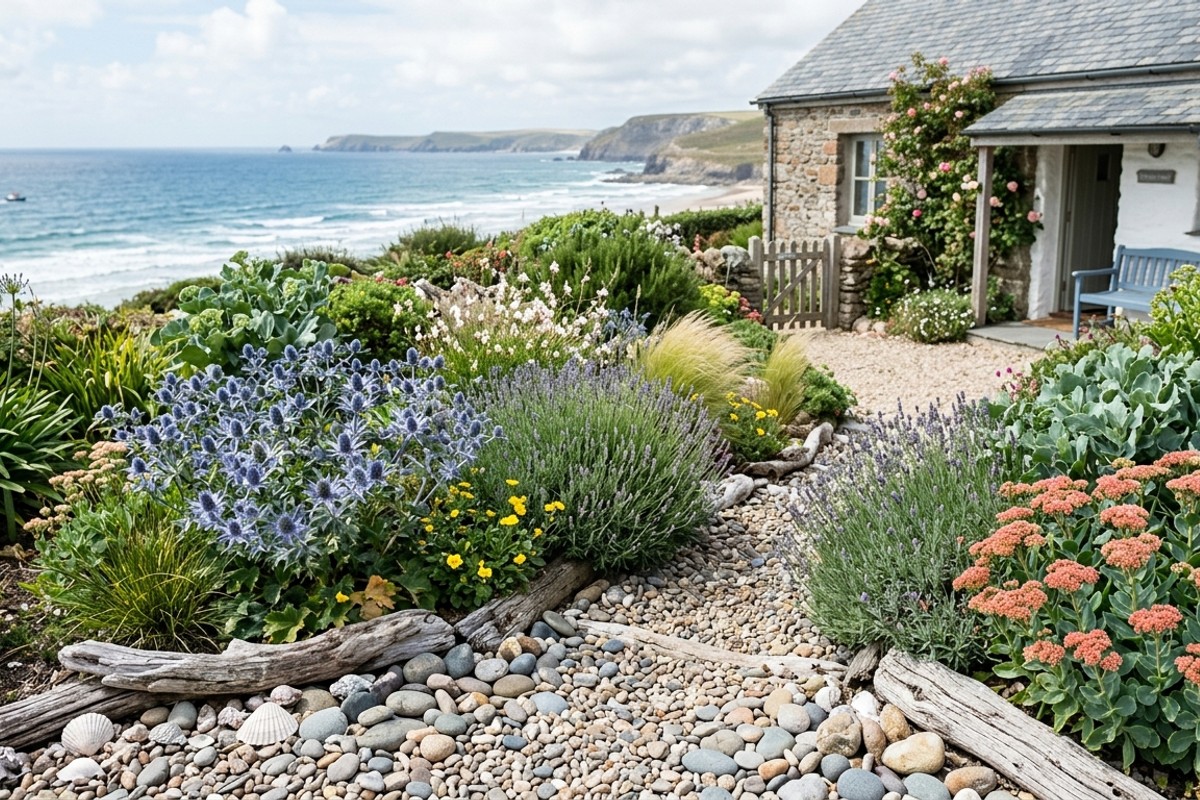 Coastal cottage garden with sea holly, lavender, driftwood, seashells, and river stones in muted blues and grays.