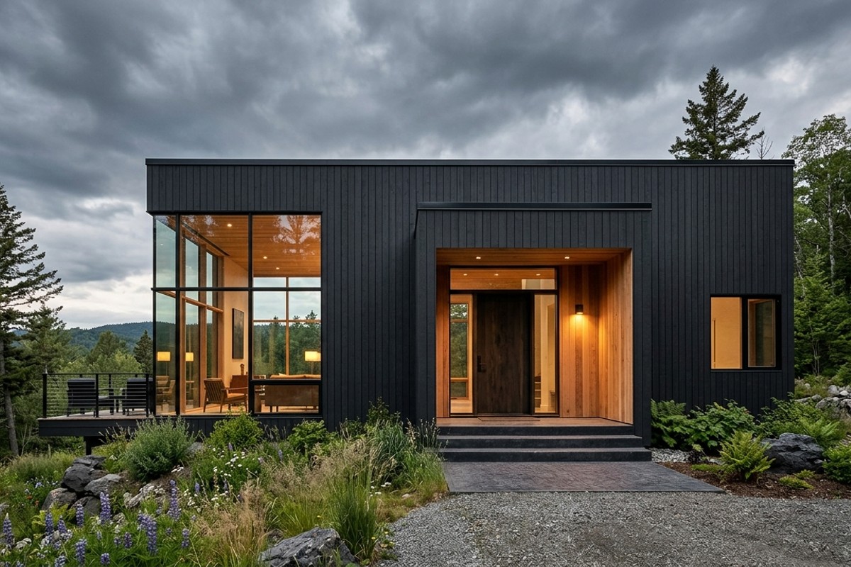 Bold black box house facade with dark vertical siding and natural wood accents.