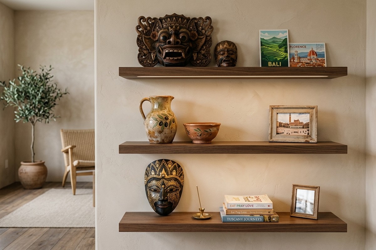 Minimalist floating shelves displaying hand-carved wooden masks from Bali and terracotta pottery from Tuscany, as travel souvenirs.