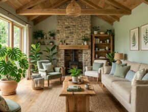 Nature-inspired living room with natural wood, stone accents, botanical prints, and large monstera plants.