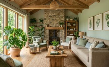Nature-inspired living room with natural wood, stone accents, botanical prints, and large monstera plants.