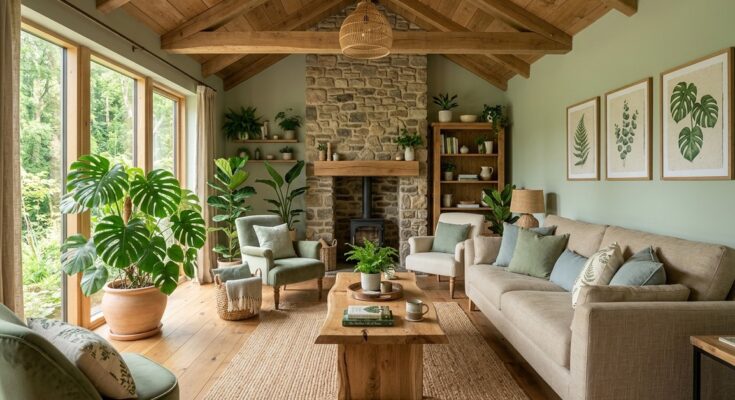 Nature-inspired living room with natural wood, stone accents, botanical prints, and large monstera plants.