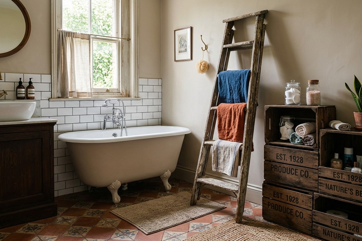 Charming bathroom with upcycled old ladder towel rack and vintage crate storage