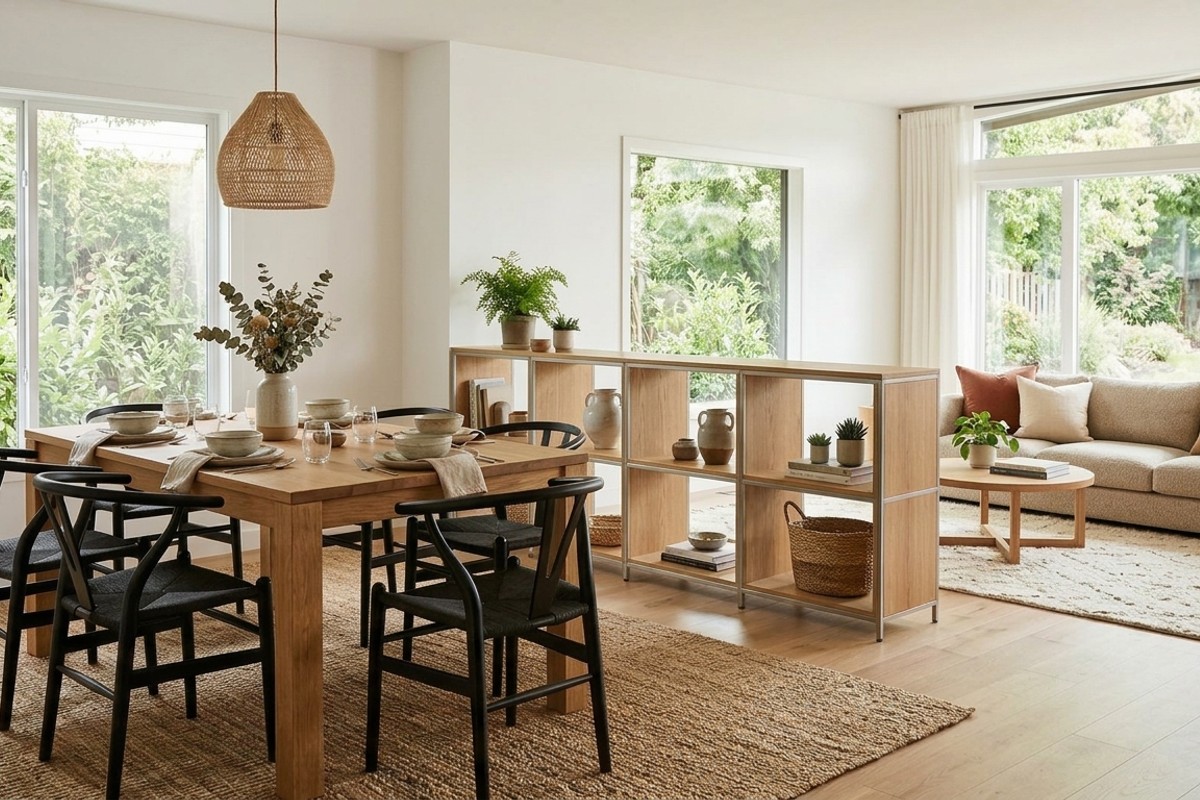 Open-concept dining area defined by a large jute area rug and a low, open shelving unit.