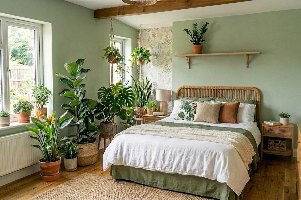 Botanical Oasis bedroom with numerous houseplants like fiddle-leaf figs, set against green and white walls.