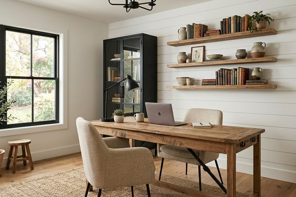 Modern farmhouse home office with distressed wood desk, shiplap wall, linen seating, and open shelving
