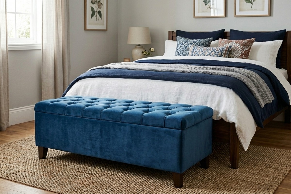 Luxurious velvet storage ottoman at foot of bed with hidden compartment