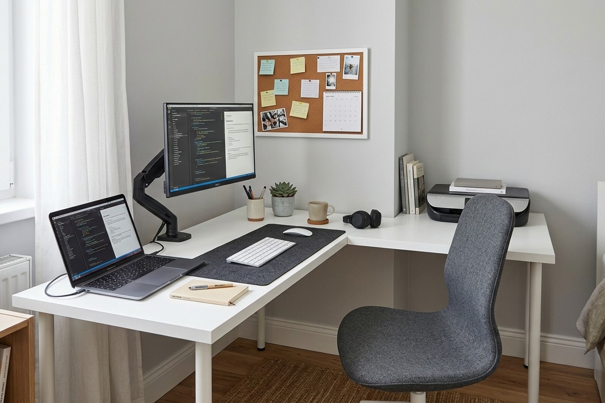 Modern L-shaped corner desk in white laminate with a wall-mounted pinboard above in a bright corner.
