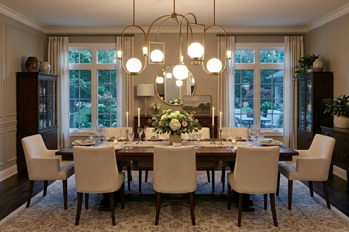 Transitional elegant dining room with statement chandelier and subtle patterned rug.