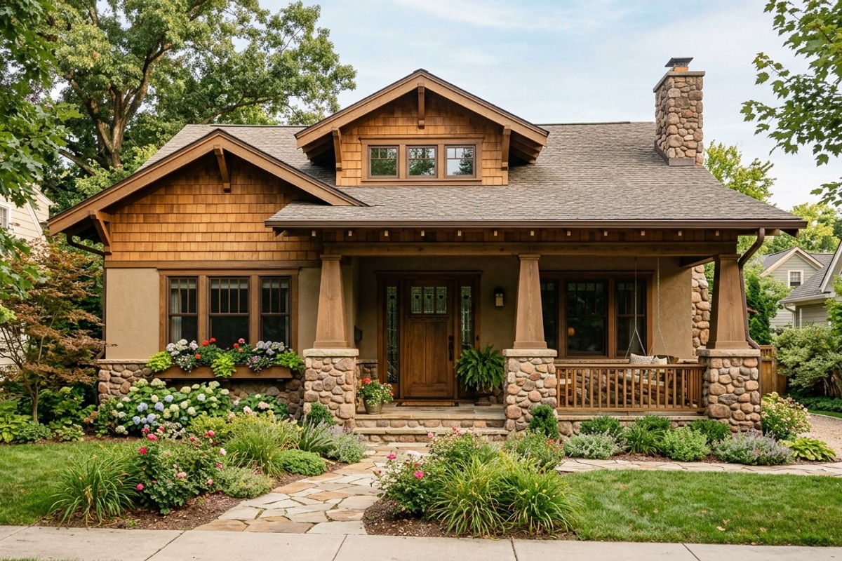 Craftsman bungalow exterior with low-pitched roof, wide eaves, exposed rafters, tapered columns, and a mix of wood shingles, natural stone, and stucco.
