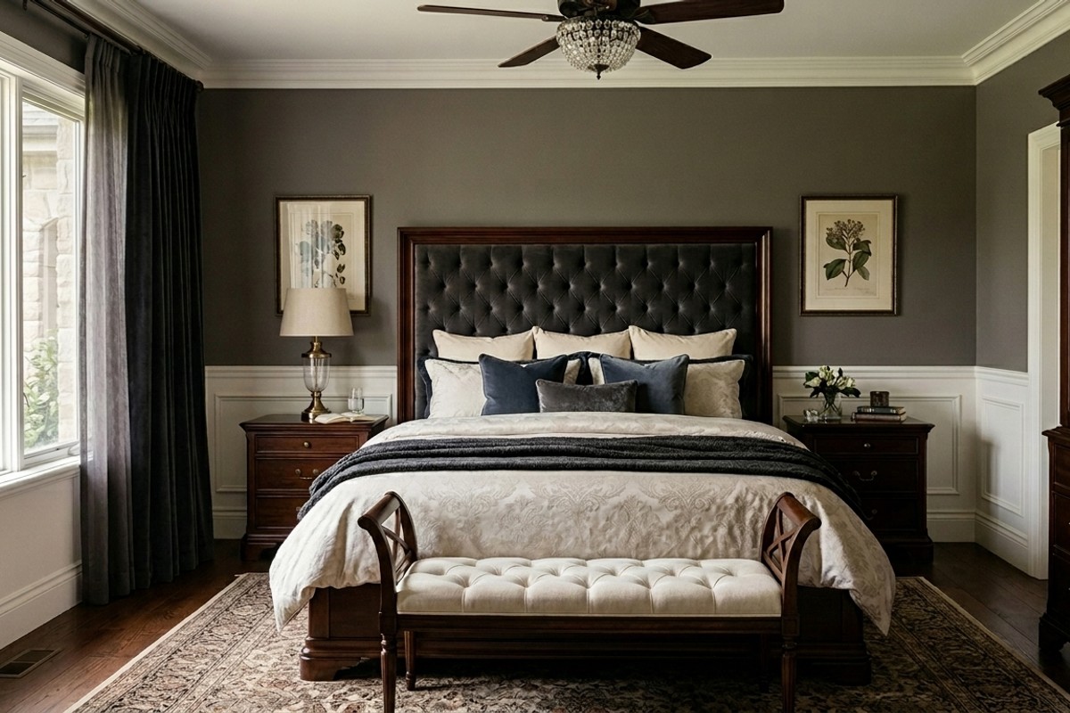 Classic elegant serene bedroom with tufted headboard, stately wooden furniture, damask bedding, and deep charcoal colors.