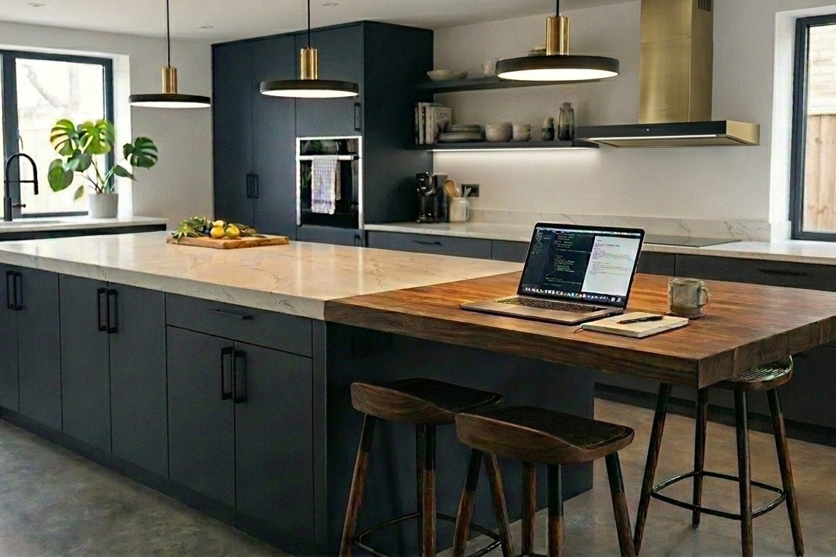 Kitchen island with a butcher block extension for a workspace and tucked-away stools.