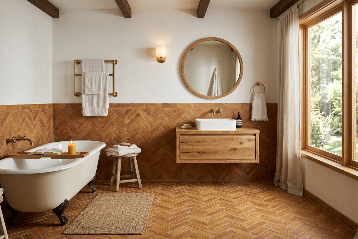 Terracotta warmth bathroom with ochre and burnt orange herringbone tiles on the floor and wainscoting.