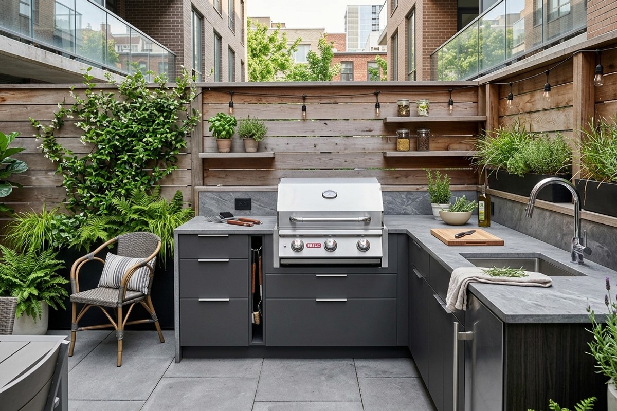 Sleek urban oasis outdoor kitchen with compact grill, storage drawers, integrated sink, and porcelain slab countertops.