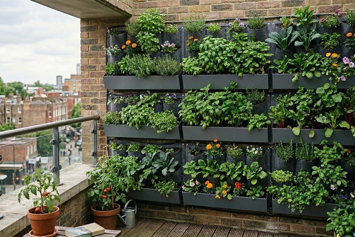 Vertical garden or green wall with modular planters showcasing herbs, small vegetables, and ornamental plants in an urban space.