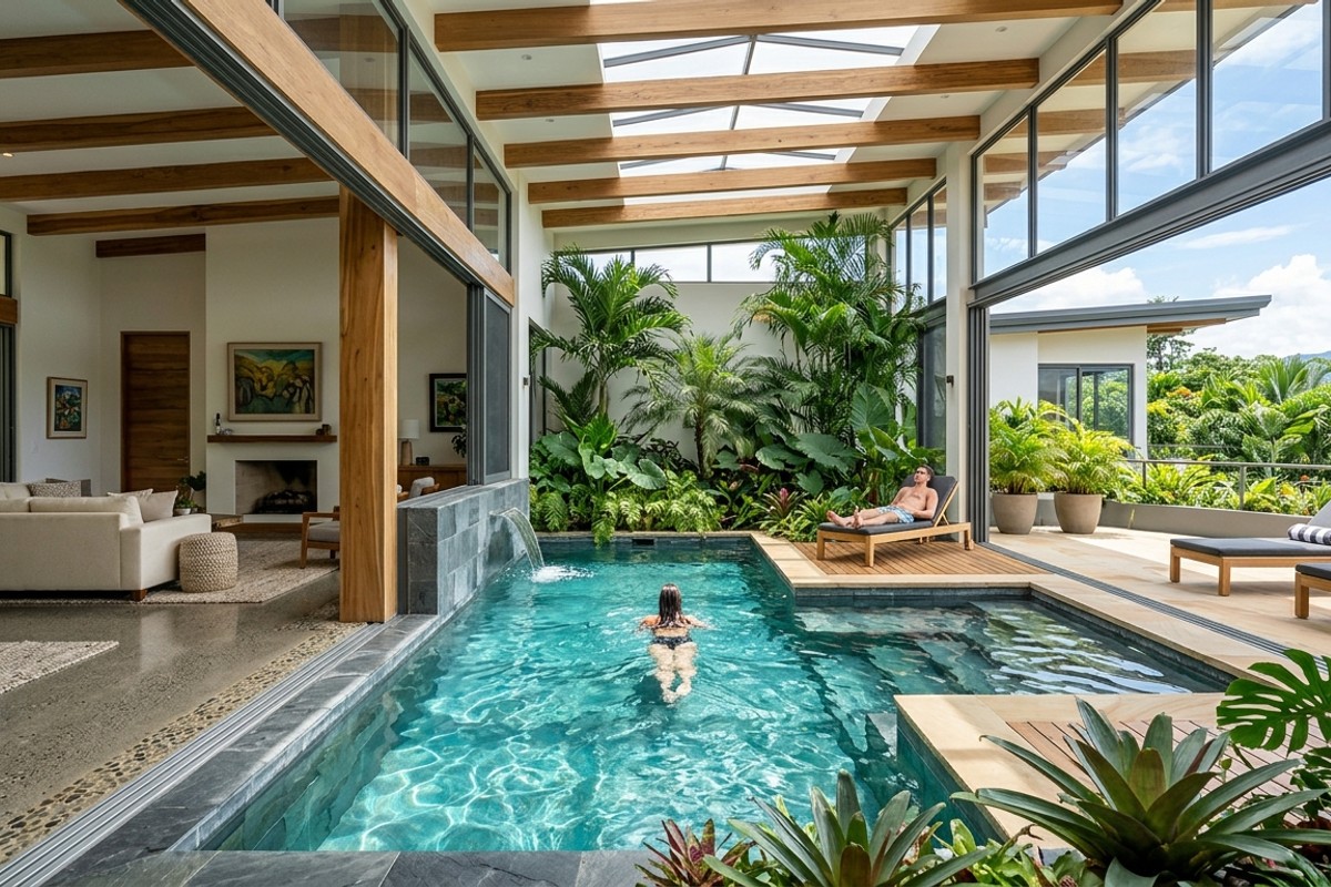 Atrium pool connecting indoor and outdoor living with retractable glass walls and tropical plants.