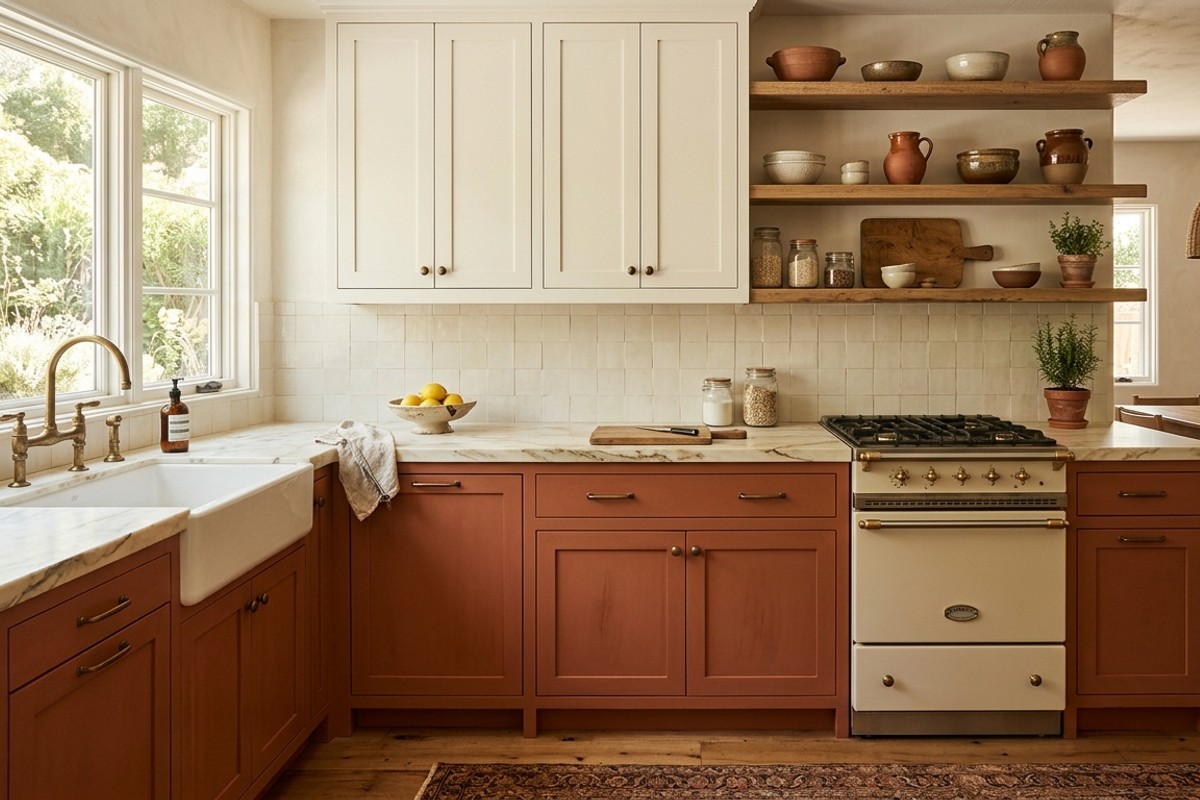 Rustic kitchen with terracotta lower cabinets and warm white upper cabinets.