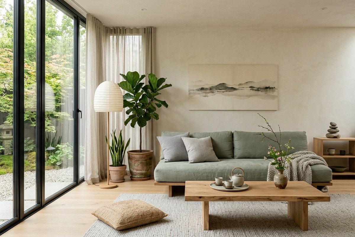 Minimalist zen living room with low-slung wood furniture, sage green accents, ceramic tea set, and natural light.