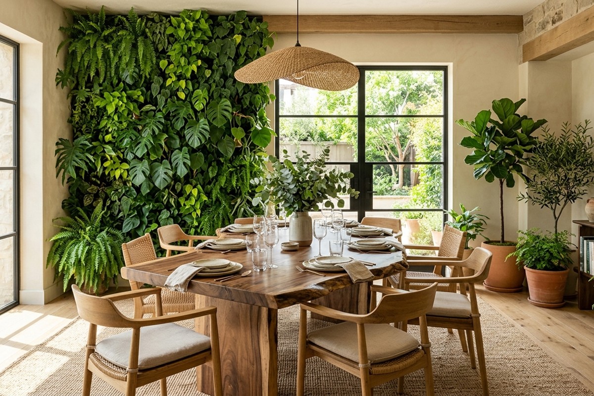 Verdant oasis dining room with a living wall, live-edge wood table, earthy greens, and abundant sunlight.