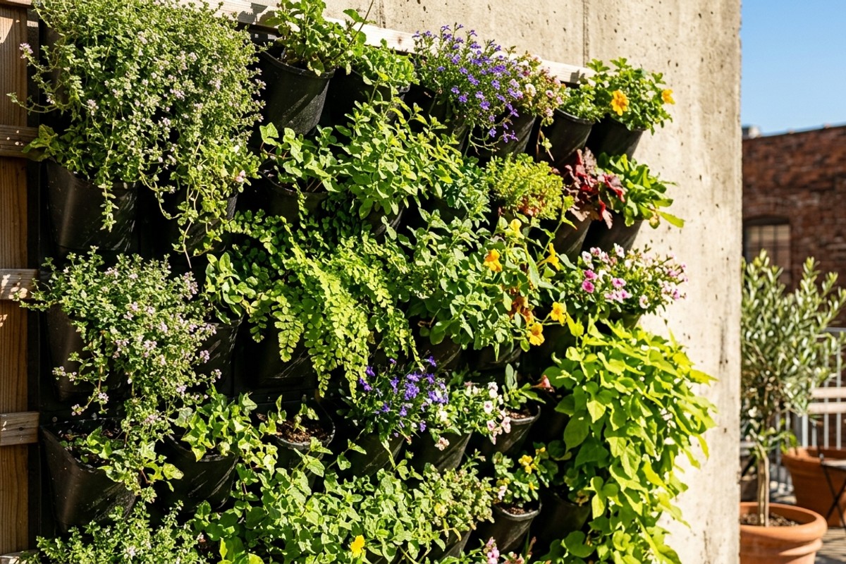Vertical green wall with trailing herbs, ferns, and annual flowers in modular pockets on a sunny wall.