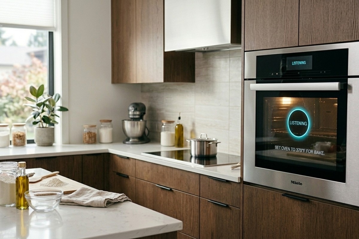 Modern kitchen showcasing a voice-activated smart oven or coffee maker, highlighting hands-free technology.
