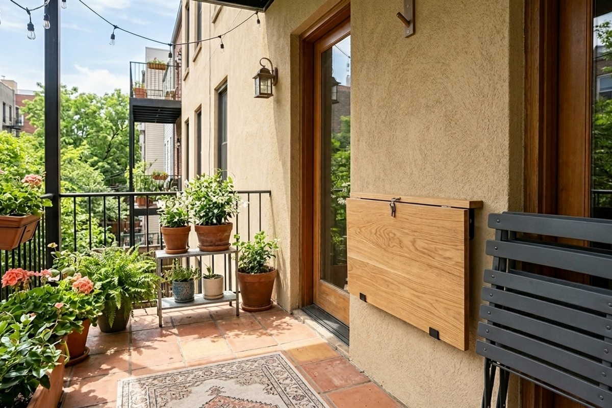 Wall-mounted fold-down dining table in a small patio