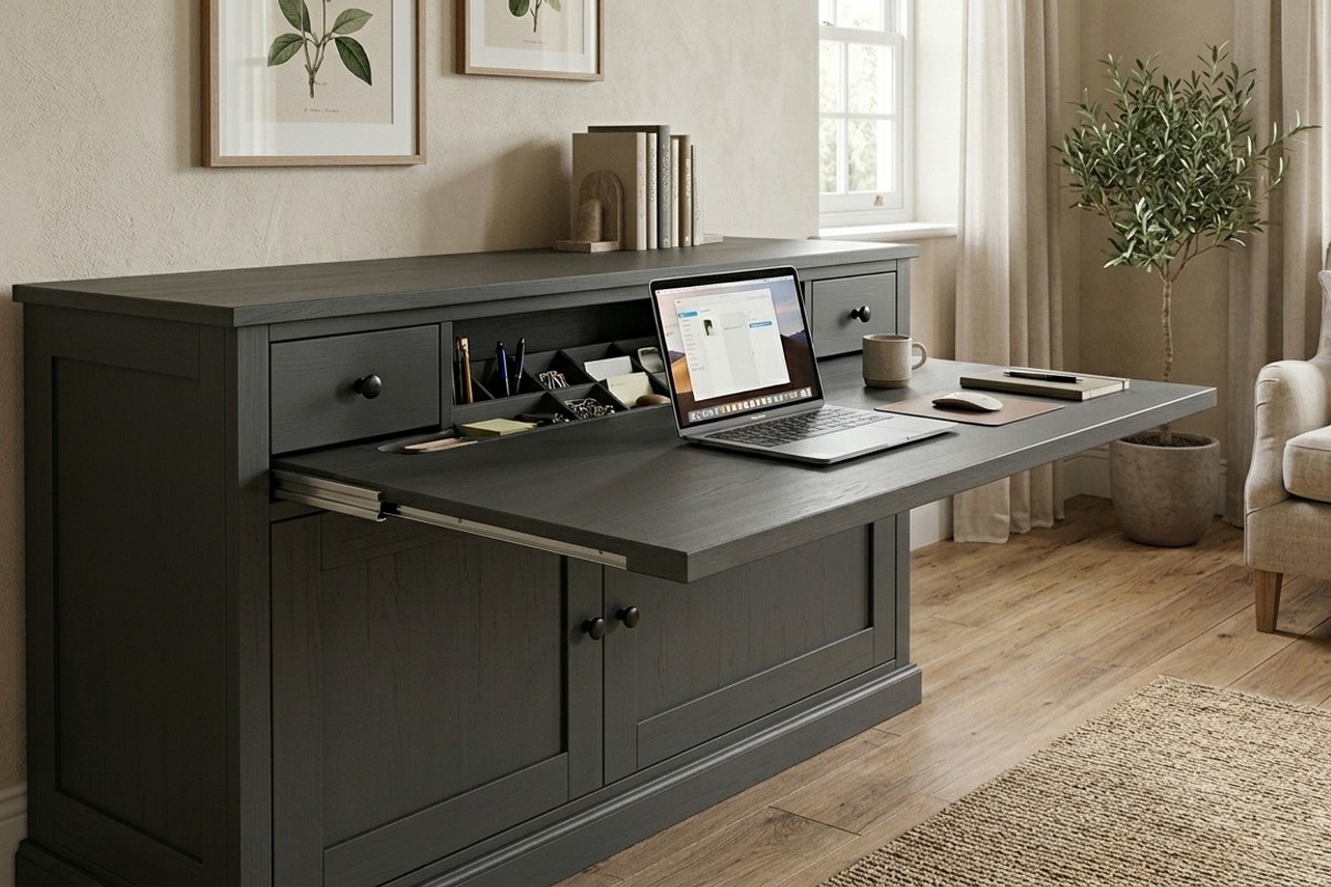 Disappearing desk drawer sliding out from a deep charcoal grey Shaker style cabinet, revealing a hidden workspace.