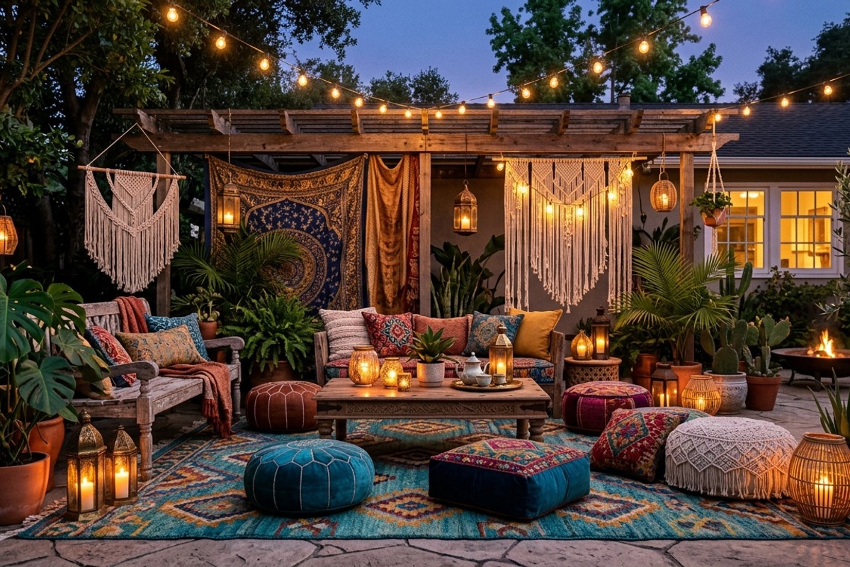 Boho chic patio with floor cushions, poufs, outdoor rug, macramé, plants, lanterns, and string lights