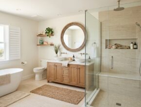 Coastal chic bathroom with sand-colored ceramic tiles and seashells