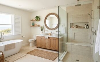 Coastal chic bathroom with sand-colored ceramic tiles and seashells