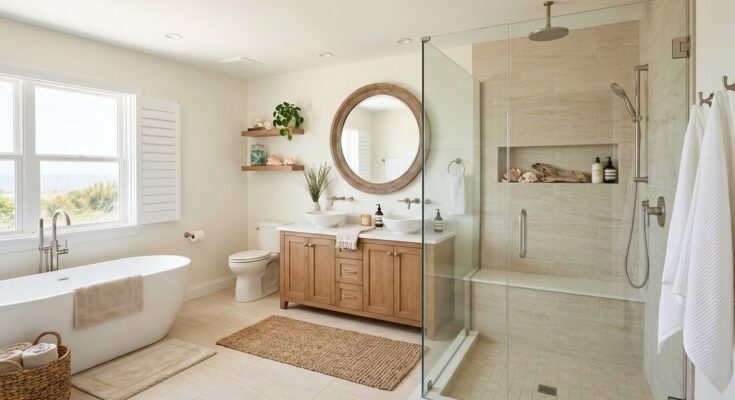 Coastal chic bathroom with sand-colored ceramic tiles and seashells