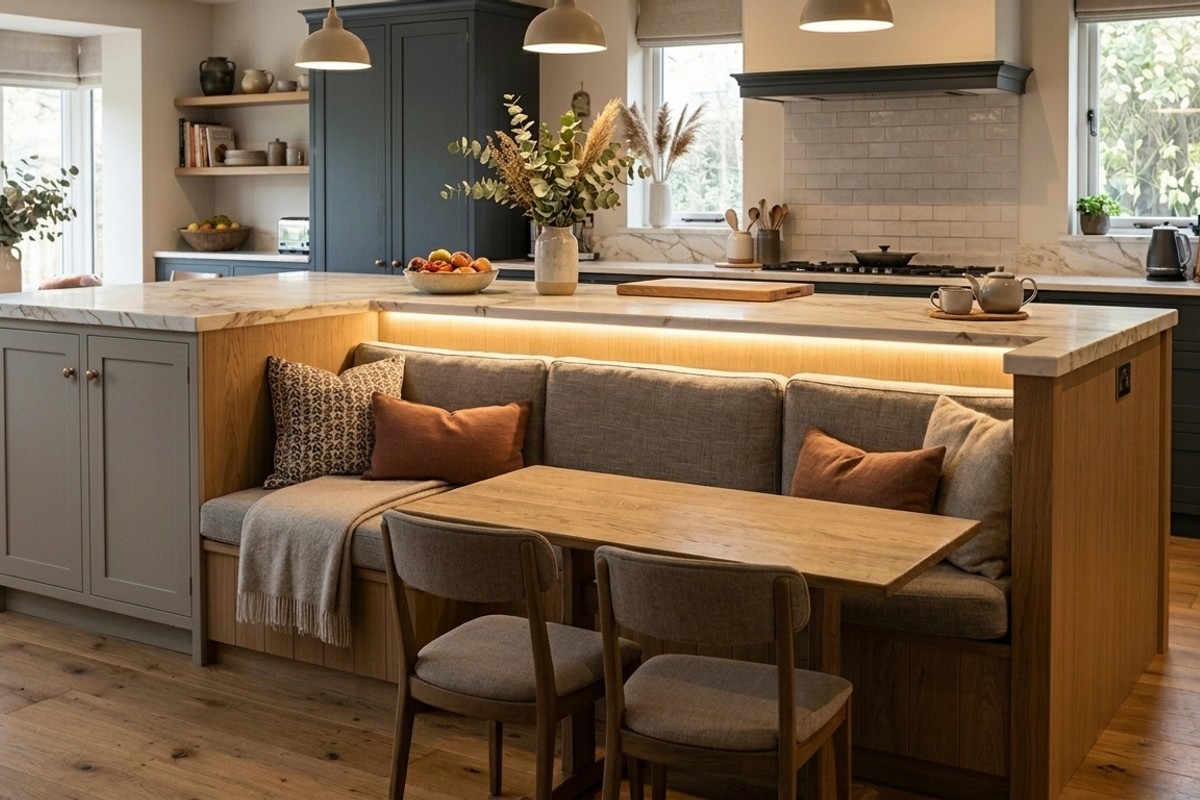 Kitchen island with an integrated seating niche, featuring a tucked-away bench seat and cushions for comfortable dining.