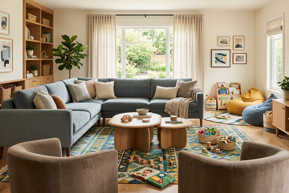 Child-friendly living room with performance velvet sofa, low rounded furniture, and a colorful rug