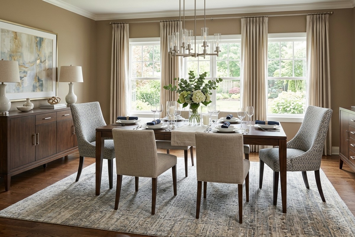 Transitional dining room with dark wood table, upholstered host chairs, and wool-silk blend rug.
