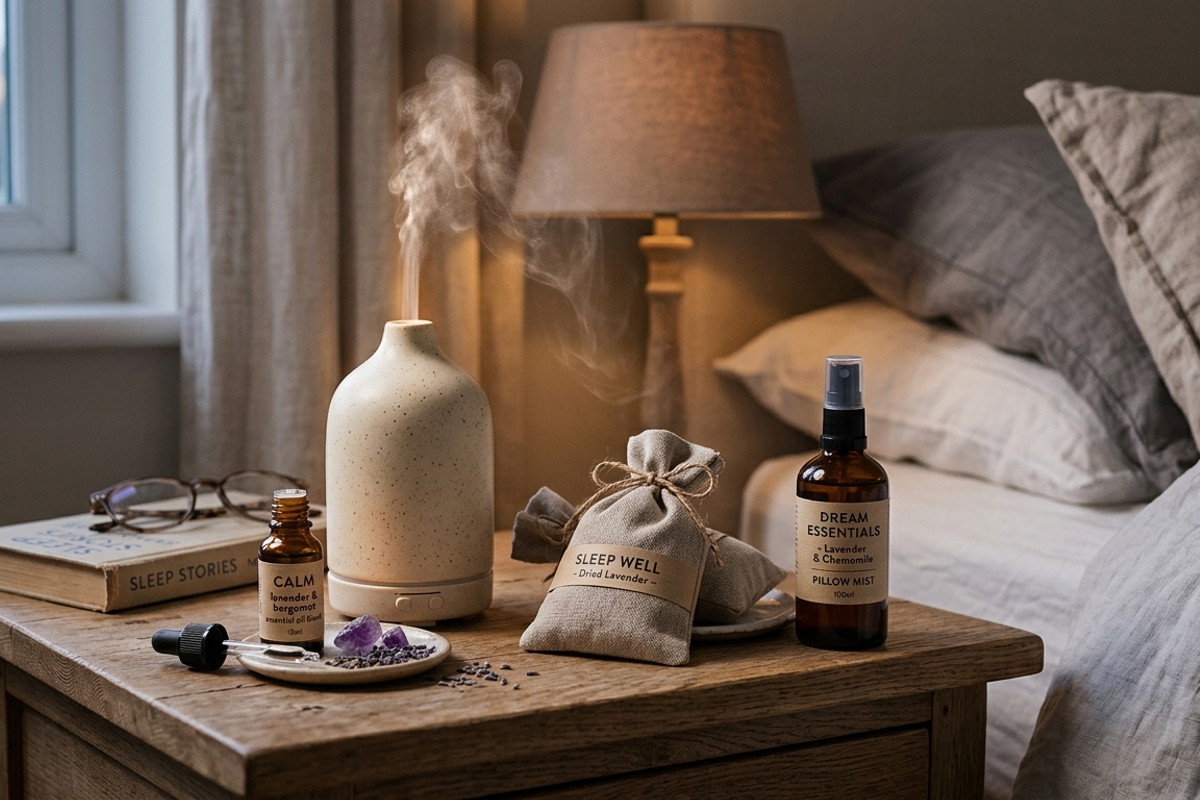 Bedside table with essential oil diffuser, dried lavender sachets, and pillow mist for aromatherapy.