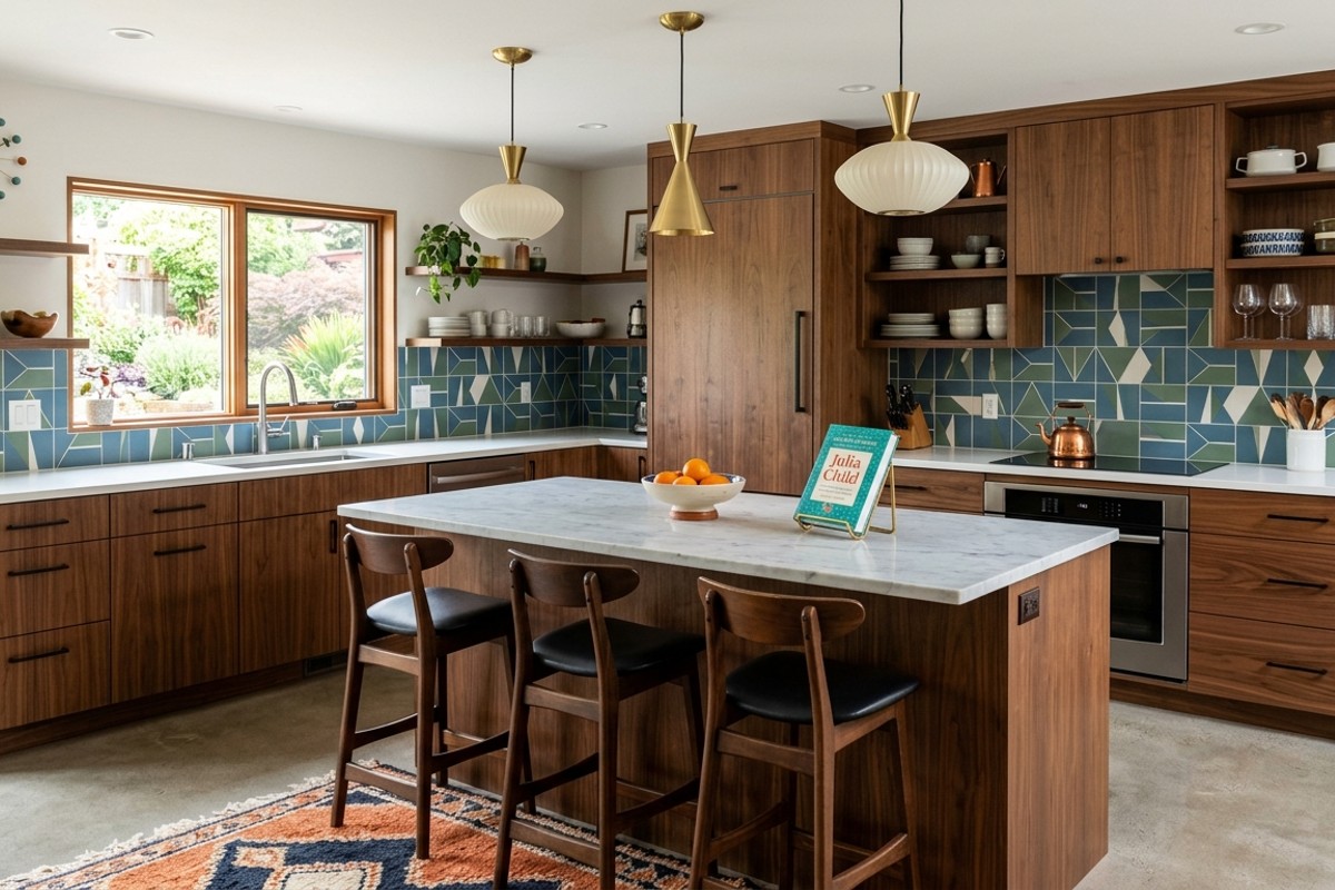 Mid-Century Modern kitchen with walnut cabinets, geometric tile, and pendant lighting