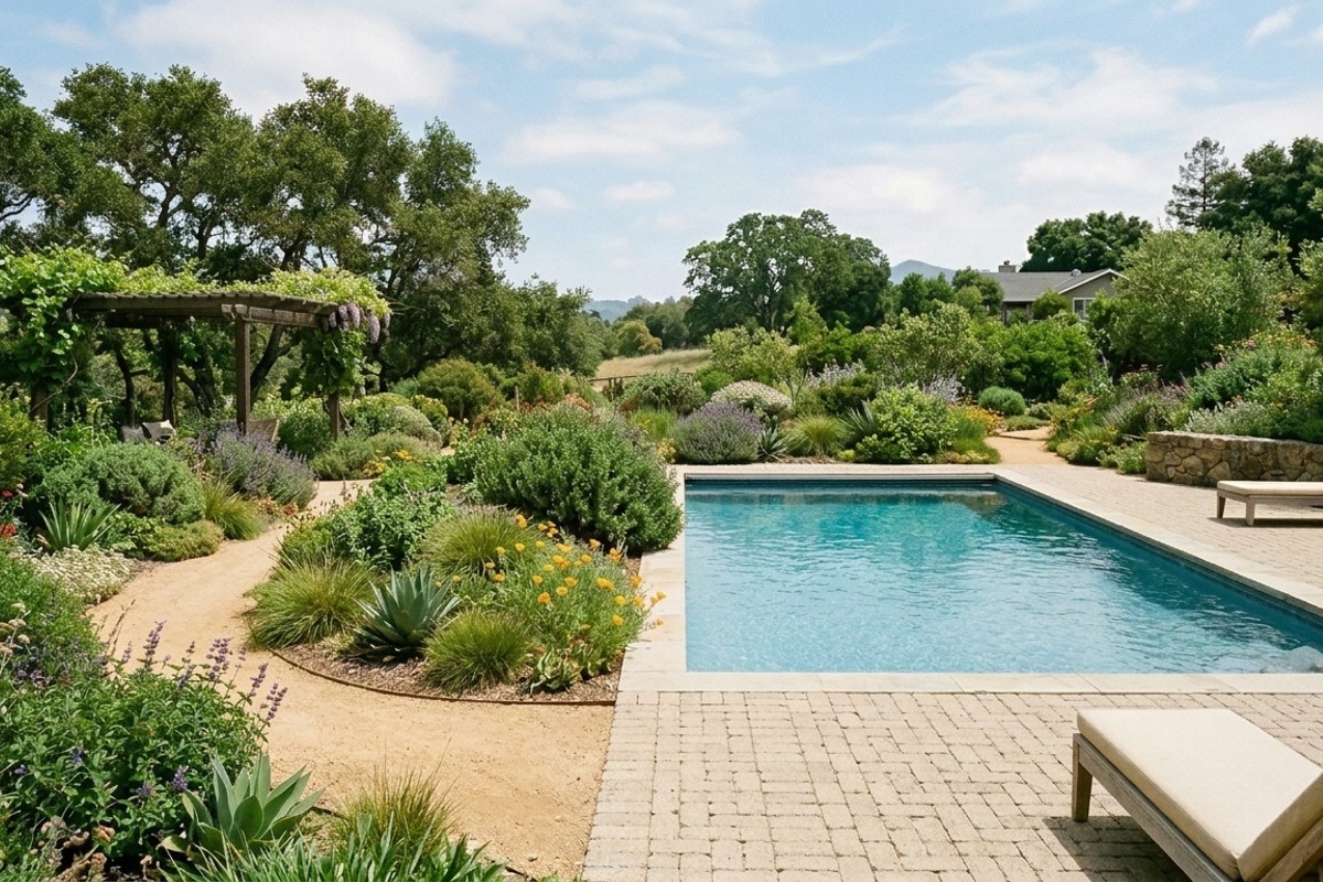 Swimming pool area with permeable pavers, decomposed granite pathways, and native, drought-tolerant landscaping.