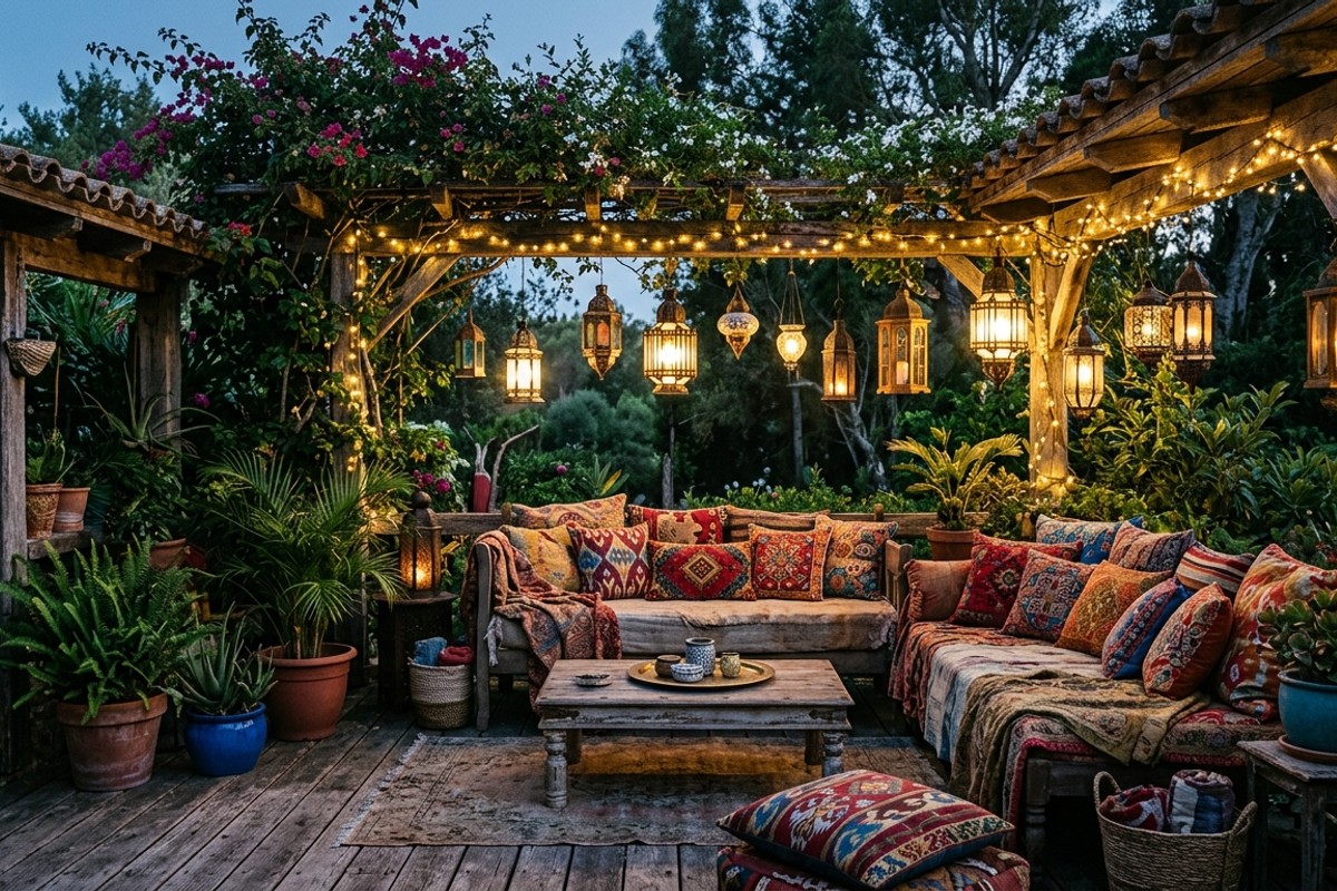 Eclectic global traveler porch with colorful global motif pillows and magical lanterns with fairy lights.