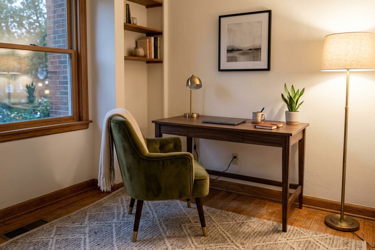 Cozy corner home office with dark wood writing desk, velvet armchair, soft rug, and warm ambient floor lamp lighting.