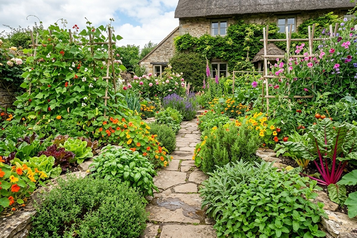 Edible and ornamental cottage garden with herb-lined path, nasturtiums, lettuce, chard, and climbing bean trellises.